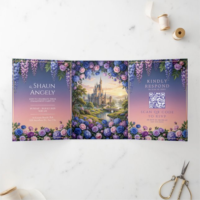 Invitation Trois Volets Mariage au Château de Contes de Fées Bleu Rose (Intérieur)