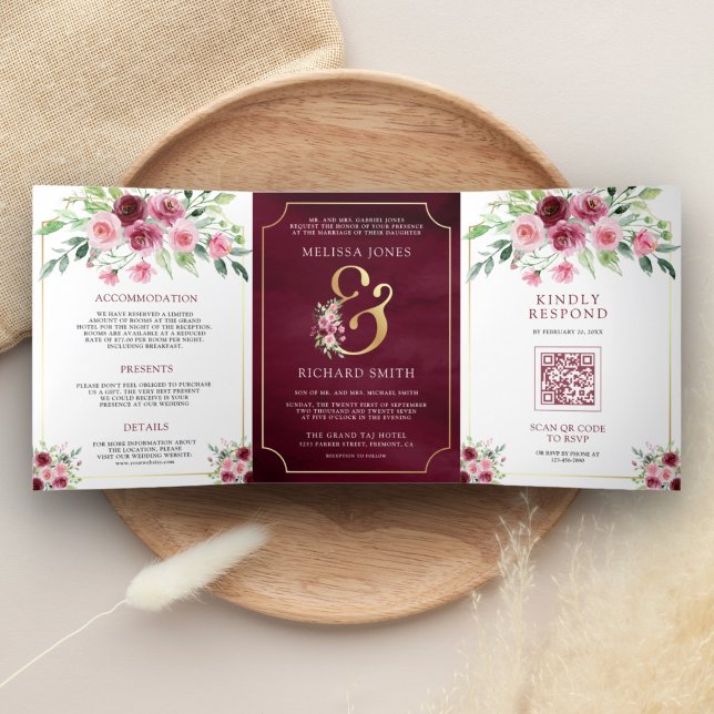Invitation Trois Volets Mariage au code QR Floral Marsala Rose & (Créateur téléchargé)