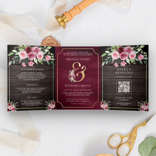 Invitation Trois Volets Mariage au code QR floral Marsala rose esperluette (Créateur téléchargé)