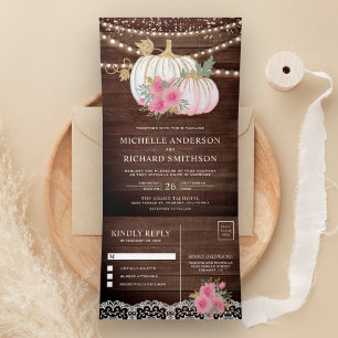 Invitation Trois Volets Mariage automnal de citrouille blanche florale ros