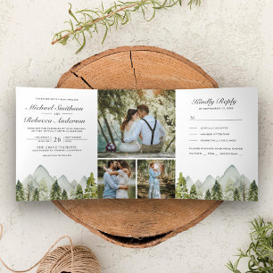 Invitation Trois Volets Mariage aux arbres de pin de montagne à l'aquarell