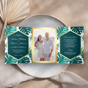 Invitation Trois Volets Mariage aux feuilles de monstera de palmier tropic