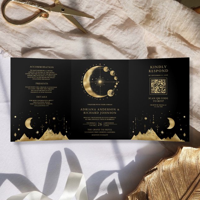 Invitation Trois Volets Mariage aux phases de lune en or noir céleste (Créateur téléchargé)