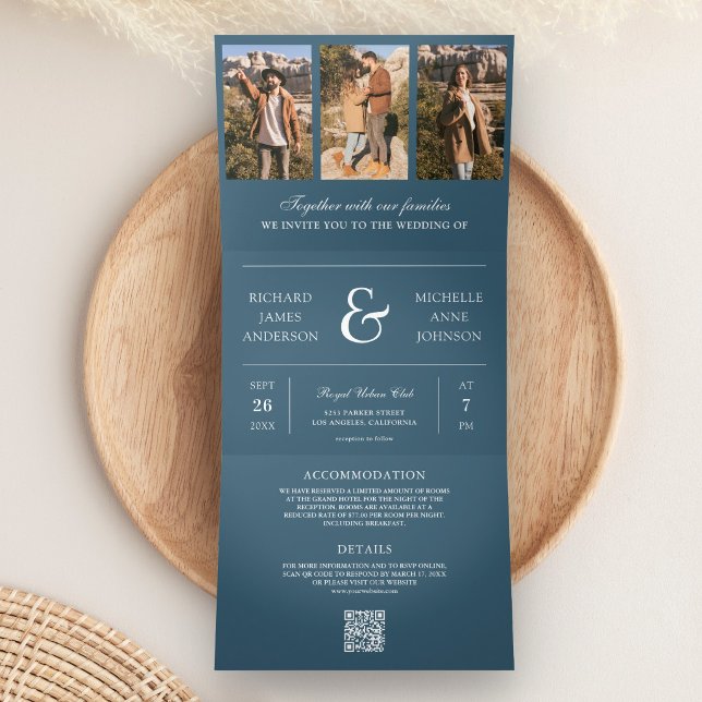 Invitation Trois Volets Mariage avec code QR de collage photo minimal bleu (Créateur téléchargé)