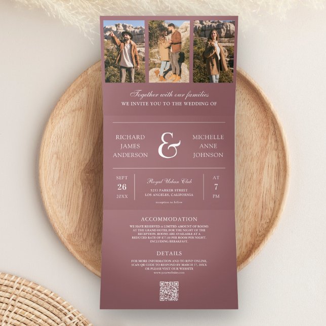 Invitation Trois Volets Mariage avec code QR de collage photo minimal Rose (Créateur téléchargé)