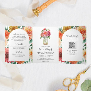 Invitation Trois Volets Mariage avec code QR de jar Mason floral de Dahlia