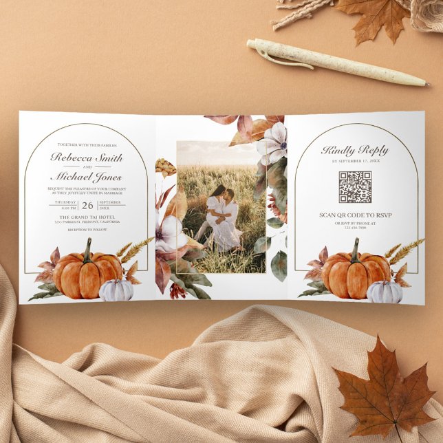 Invitation Trois Volets Mariage avec code QR de photo de citrouille Bohème (Créateur téléchargé)