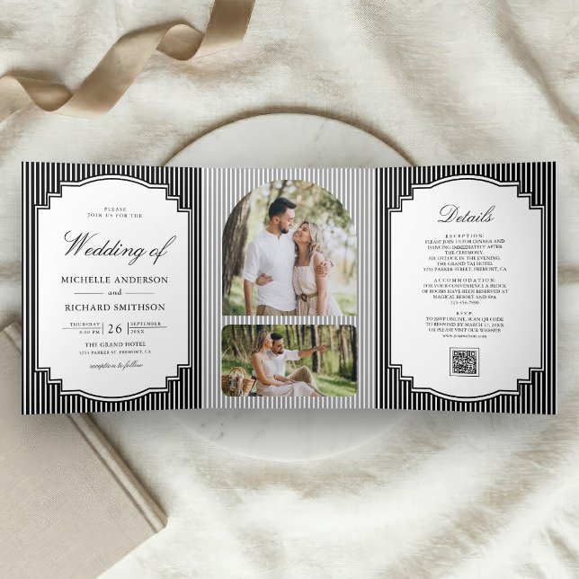 Invitation Trois Volets Mariage avec code QR de photo rayée noir et blanc (Créateur téléchargé)