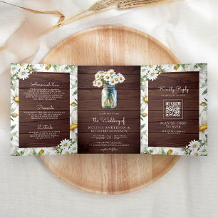 Invitation Trois Volets Mariage avec code QR en pot Mason de marguerites e