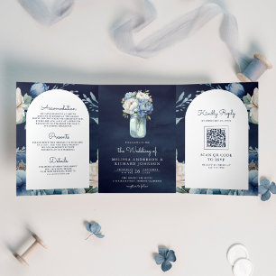 Invitation Trois Volets Mariage avec code QR en pot Mason de pivoine bleu