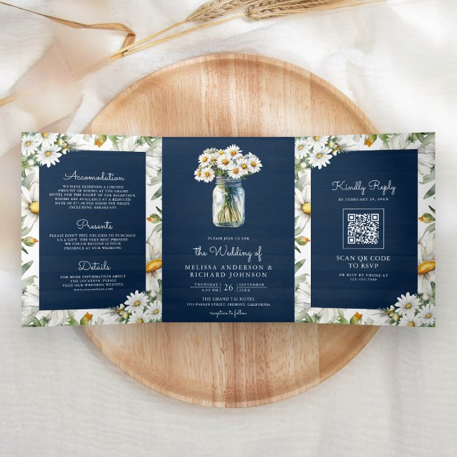 Invitation Trois Volets Mariage avec Code QR en Pot Mason Fleurs de Margue (Créateur téléchargé)