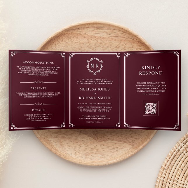 Invitation Trois Volets Mariage avec code QR et monogramme bordeaux et bla (Créateur téléchargé)