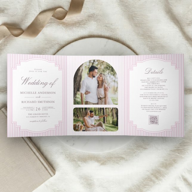 Invitation Trois Volets Mariage avec code QR photo rayé lavande pastel (Créateur téléchargé)