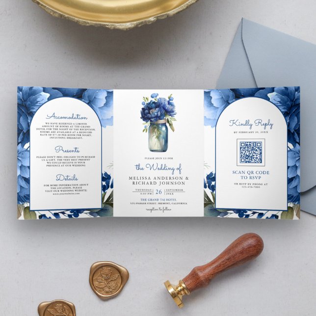Invitation Trois Volets Mariage avec code QR sur pot Mason floral bleu roy (Créateur téléchargé)