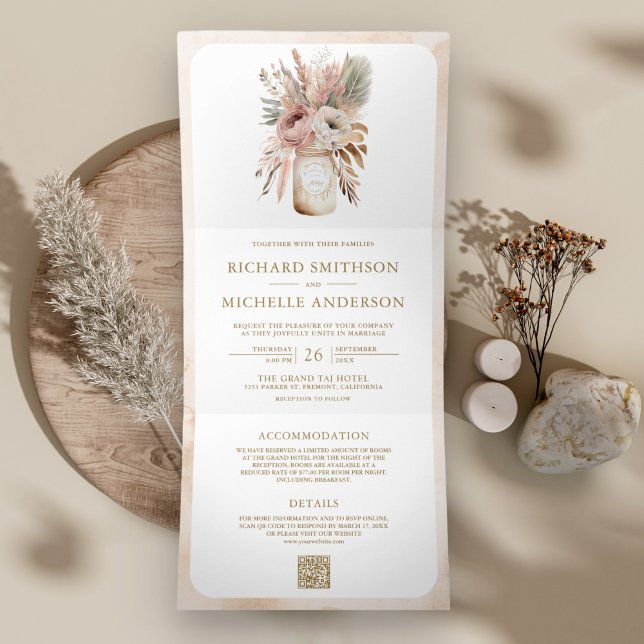Invitation Trois Volets Mariage avec code QR sur un pot Mason floral Bohèm (Créateur téléchargé)