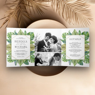 Invitation Trois Volets Mariage avec collage de feuilles de palmier tropic