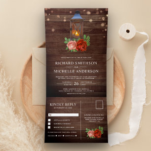 Invitation Trois Volets Mariage avec Lanterne en Bois Floral Rustique Vint