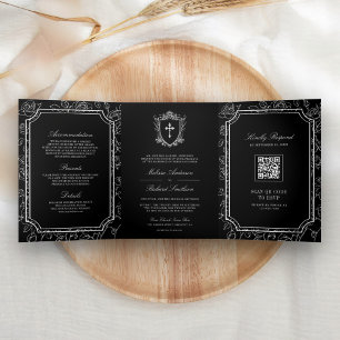Invitation Trois Volets Mariage avec QR Code Catholique Noir Victorien
