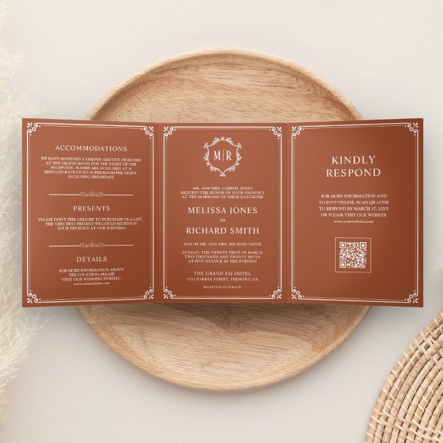 Invitation Trois Volets Mariage avec QR Code Monogramme en Terre Cuite et  (Créateur téléchargé)