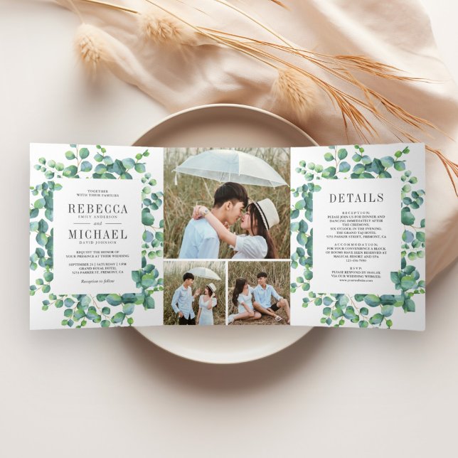 Invitation Trois Volets Mariage avec un collage de feuilles d'eucalyptus m (Créateur téléchargé)