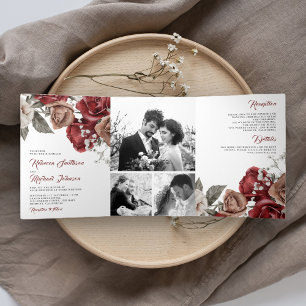 Invitation Trois Volets Mariage avec un collage de photos de roses rouges 
