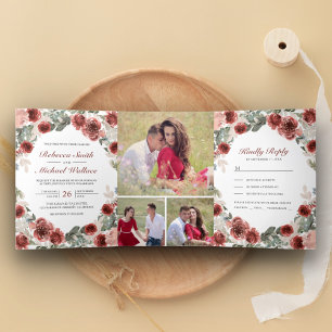 Invitation Trois Volets Mariage avec un collage de photos florales rustiqu