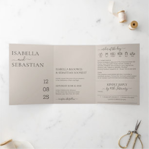Invitation Trois Volets Mariage Beige doux ensemble complet répondez s'il