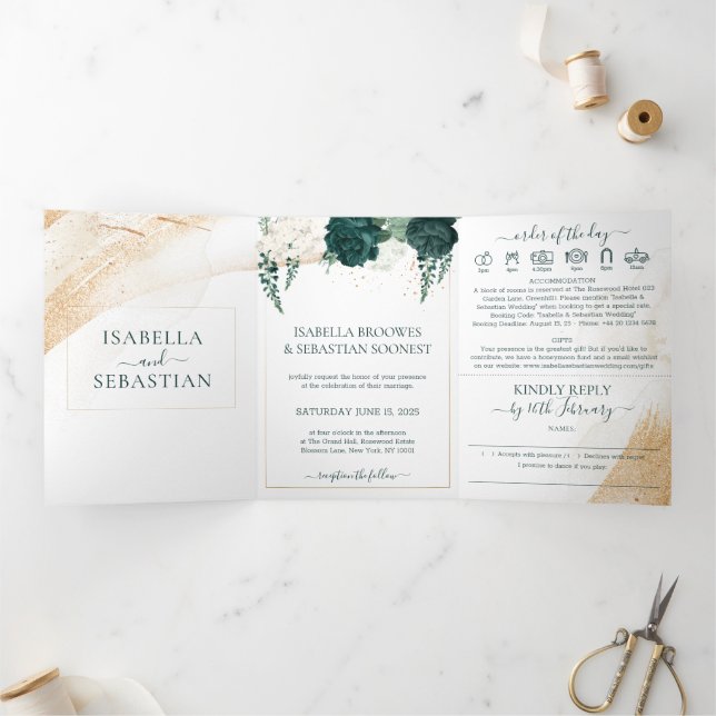Invitation Trois Volets Mariage Blanc Ensemble Emeraude Roses Vertes (Intérieur)