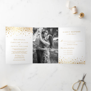 Invitation Trois Volets Mariage blanc Faux Gold Foil Confetti Dots