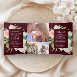 Invitation Trois Volets Mariage Blanc Magnolia Rouge Floral Bourgogne