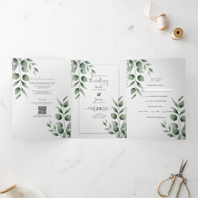 Invitation Trois Volets Mariage Blanc Moderne au Feuillage Minimal (Intérieur)