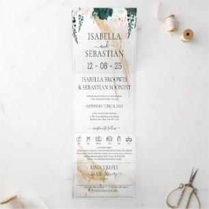 Invitation Trois Volets Mariage Blanc Tout en un Floral Rose Vert Émeraude