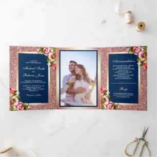 Invitation Trois Volets Mariage bleu floral Faux Rose Parties scintillant