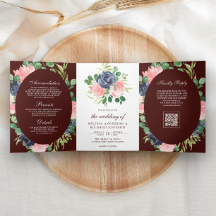 Invitation Trois Volets Mariage bleu marine rose floral code QR bordeaux