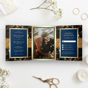 Invitation Trois Volets Mariage Bleu Nuit Paillettes Or Marbre Noir