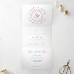 Invitation Trois Volets mariage bleu poussiéreux rose rose vintage