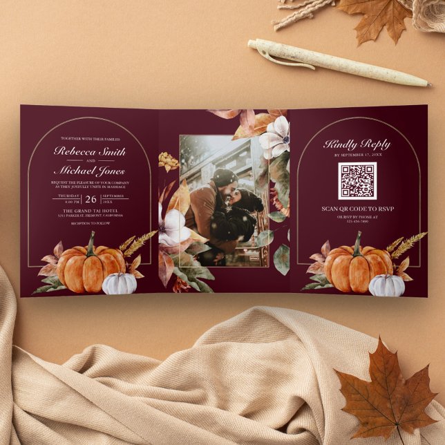 Invitation Trois Volets Mariage Bohème Champêtre Citrouille Code QR Bordea (Créateur téléchargé)