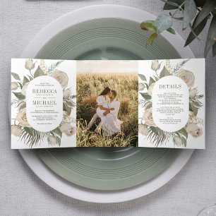 Invitation Trois Volets Mariage Bohème Champêtre Roses Ivoire Feuilles Ver