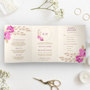 Invitation Trois Volets Mariage Bohème Fleur Orchidée Rose Tout En Un Ivoi