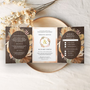 Invitation Trois Volets Mariage Bohème Pampas Palmier Séché Tout en Un