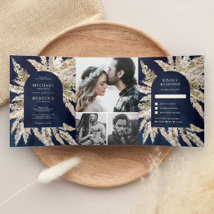 Invitation Trois Volets Mariage Bohème Rustique Arc Bleu Nuit Herbe des Pa