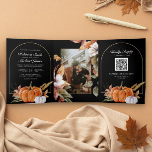 Invitation Trois Volets Mariage Bohème Rustique Citrouille QR Code Noir