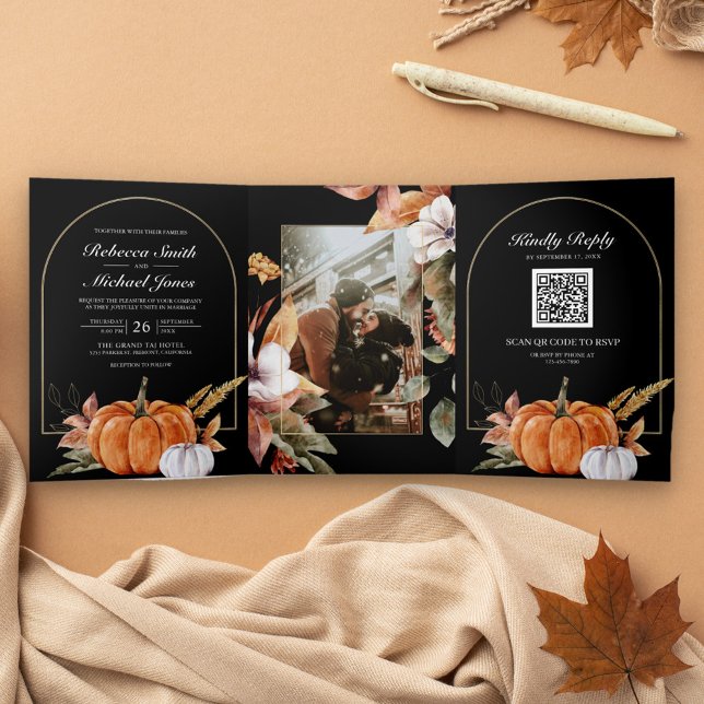 Invitation Trois Volets Mariage Bohème Rustique Citrouille QR Code Noir (Créateur téléchargé)