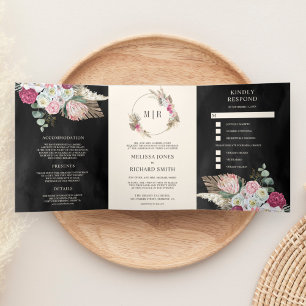 Invitation Trois Volets Mariage Bohème Rustique Fleurs Roses Pampas Noir