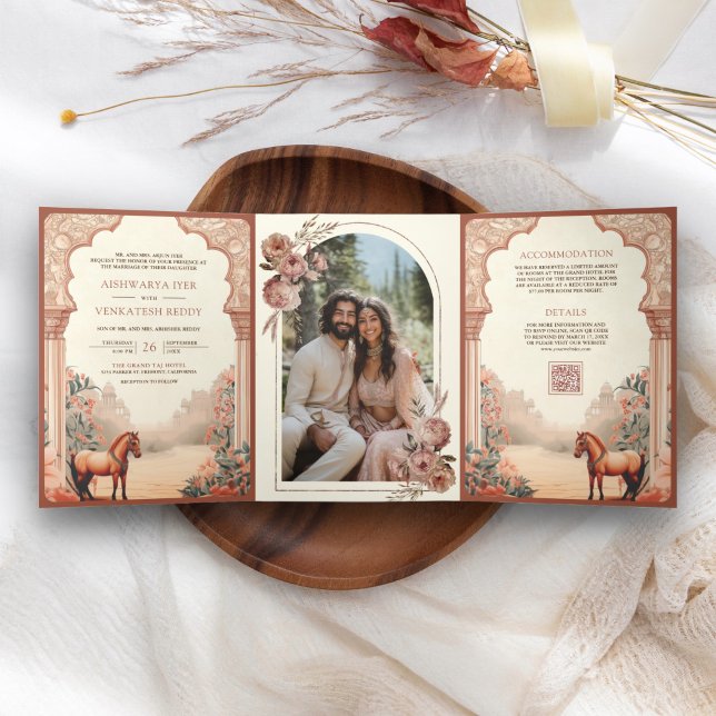 Invitation Trois Volets Mariage Bohème Rustique Floral Indien à Cheval (Créateur téléchargé)