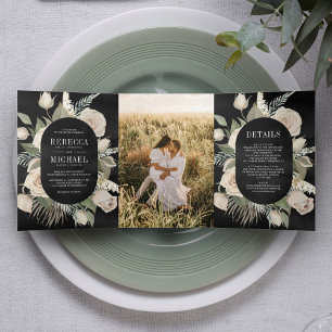 Invitation Trois Volets Mariage Bohème Rustique Roses Ivoire Sauge Vert No