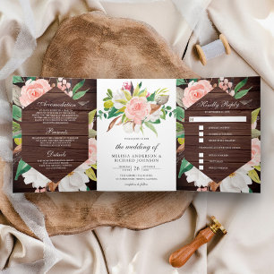 Invitation Trois Volets Mariage Bois de Grange Fleur Rose Blush Magnolia B