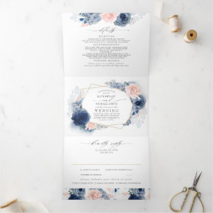 Invitation Trois Volets Mariage botanique bleu et rose