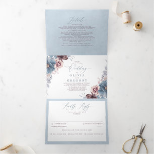 Invitation Trois Volets Mariage botanique bleu mauve et Dusty