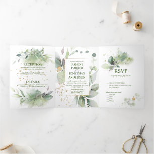 Invitation Trois Volets Mariage botanique Feuille vert et or